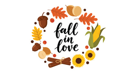 Naklejka premium Autumn wreath made of acorns, leaves, sunflowers, corn, and cinnamon with the hand written text fall in love.
