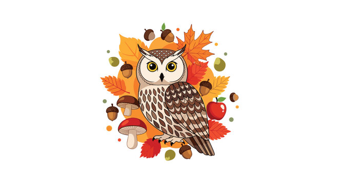 Adorable autumn illustration of a wise brown owl surrounded by orange maple leaves, acorns, mushrooms, and a red apple.