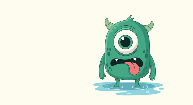 Funny cartoon illustration of a cute green one eyed monster with horns sticking its tongue out in a puddle on white.