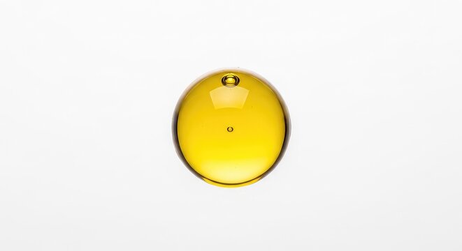 A pristine macro view of a golden meadowfoam seed oil droplet isolated on a seamless white backdrop, showing pure texture and clarity, shiny, skincare, bubble