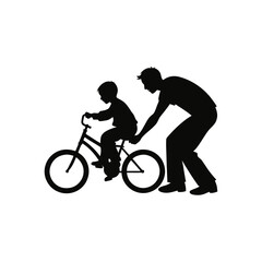 Fototapeta premium Father teaching son to ride bicycle silhouette, black and white family bonding vector, parent helping child with bike, outdoor activity illustration