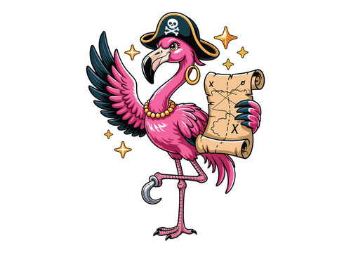 Cartoon flamingo pirate with treasure map and hook on transparent background pink.