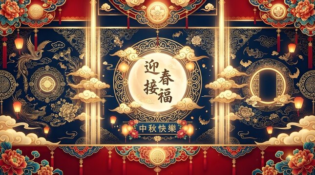 Elegant mid autumn festival china background with lanterns and floral motifs