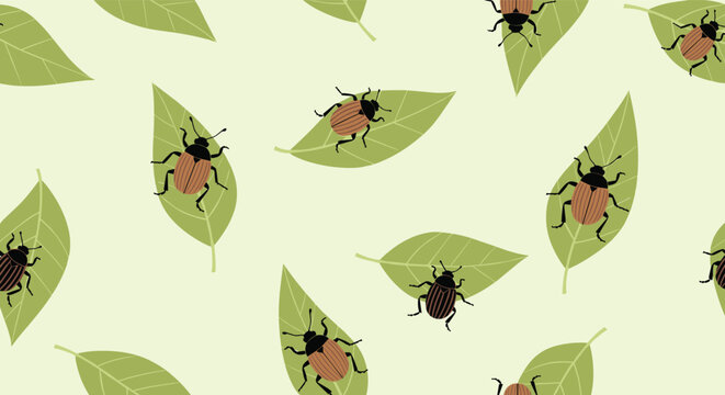 Seamless autumn pattern featuring cute brown beetles sitting on green leaves over a light olive green background.