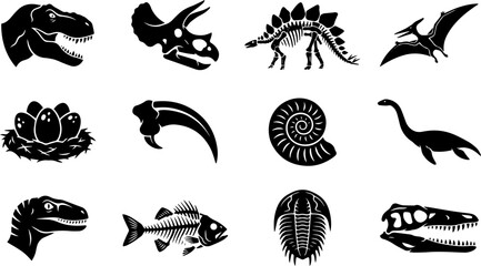 Prehistoric dinosaur fossils and skeleton icons, 12 black vector silhouettes of ancient reptile skulls and bones, paleontology museum exhibit graphics © AbuHuraira