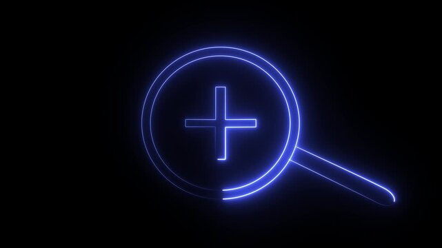 Glowing blue neon magnifying glass with plus sign icon animation for search or zoom interface element isolated on black background motion graphics.