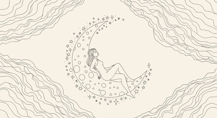 Obraz premium Mystical line art illustration of a woman sleeping on a celestial crescent moon surrounded by dream clouds.