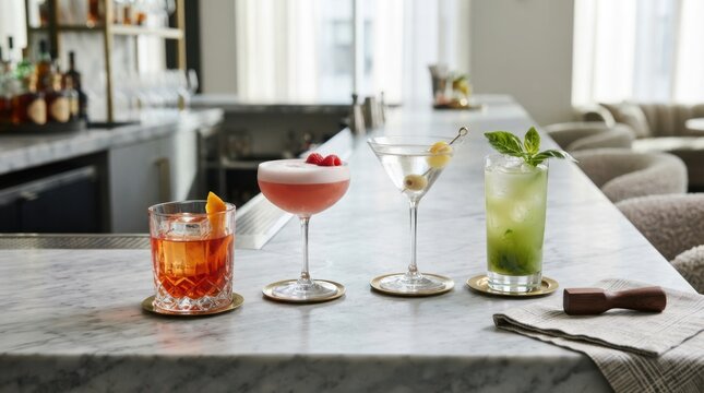 Three elegant cocktails served on a marble bar top with a blurred background
