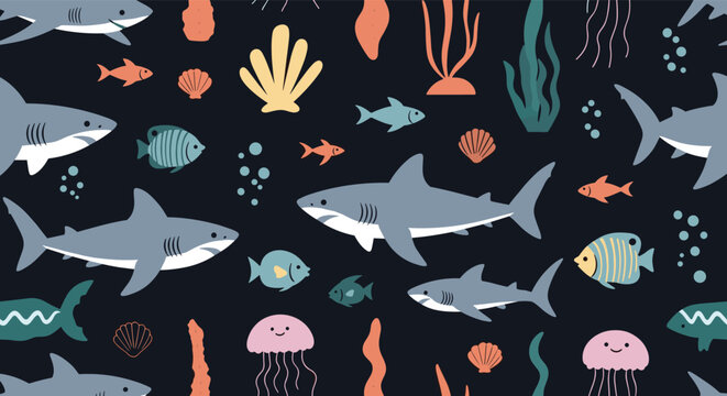 Seamless ocean life pattern with sharks jellyfish starfish and colorful fish swimming on dark blue background.