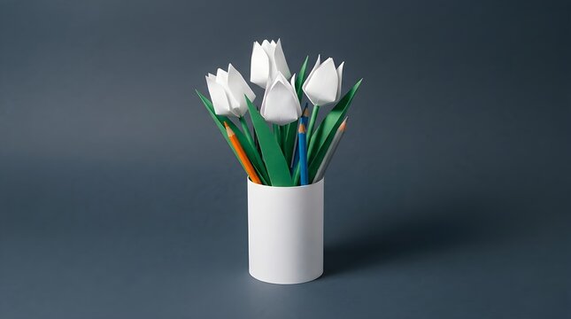 Handmade paper tulips in white vase with colored pencils. Creative floral craft arrangement for spring decoration and DIY projects.