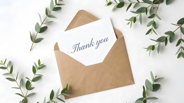 Handwritten thank you note in kraft envelope with eucalyptus. Floral stationery invitation card for wedding, greeting, or business gratitude.