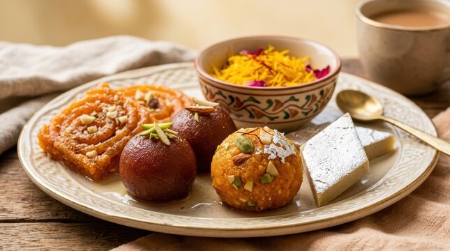 Indian sweet dessert cultural immersion india with traditional mithai including gulab jamun, ladoo, barfi, and jalebi served with tea
