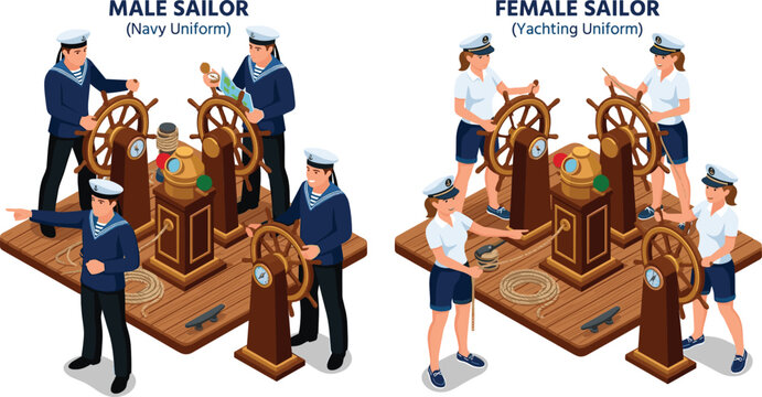Isometric Sailor Uniform and Maritime Navigation Character Vector Set Featuring Male Navy Crew and Female Yachting Captains Steering Wooden Wheels on a Ship Deck Platform