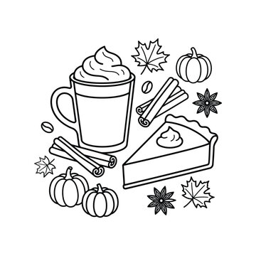 Autumn pumpkin spice latte and pie illustration. Cozy fall season food and drink line art.
