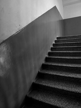 Black and white view of a concrete staircase inside a residential building