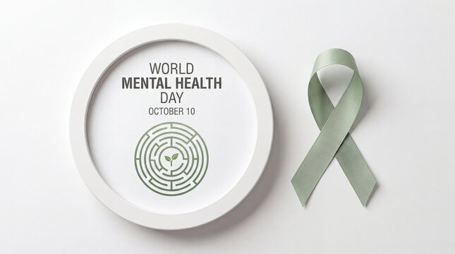 A conceptual image for World Mental Health Day on October 10 featuring a green awareness ribbon and a circular maze symbol with a sprout on a white background.