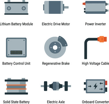 Set of pixel art electric vehicle parts including lithium battery module, drive motor, power inverter, control unit, regenerative brake, and on-board converter icons