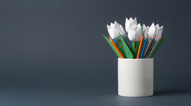 Colorful paper tulips in white cup with colored pencils. Handcrafted floral art and stationery composition for creative projects.