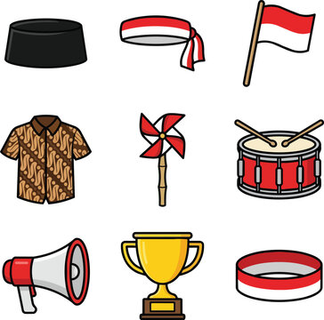 Pixel art icon set of Indonesian independence day ornaments, featuring songkok hat, red and white headband, flag, batik shirt, paper windmill, parade drum, megaphone, gold trophy and wristband