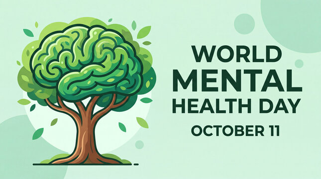 A creative illustration featuring a tree with a brain-shaped canopy, representing World Mental Health Day to promote awareness and psychological well-being.