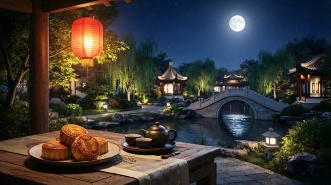 Mid autumn festival in china mooncakes lanterns traditional garden scene
