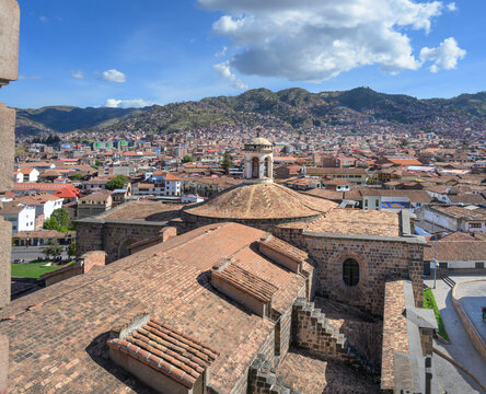 Old terracotta tiled roofs of Cusco as seen from bell tower of the Church and Convent of Santo Domingo, Cusco, Peru.