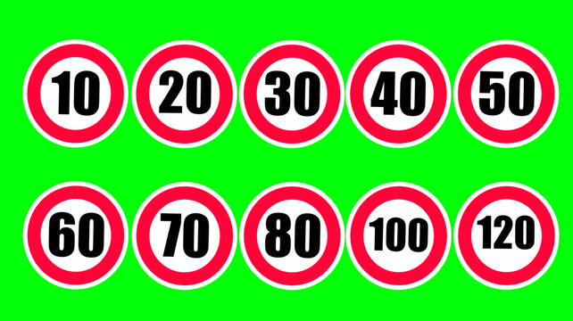 Circular Red Speed Limit Traffic Signs Collection on Green Screen Background