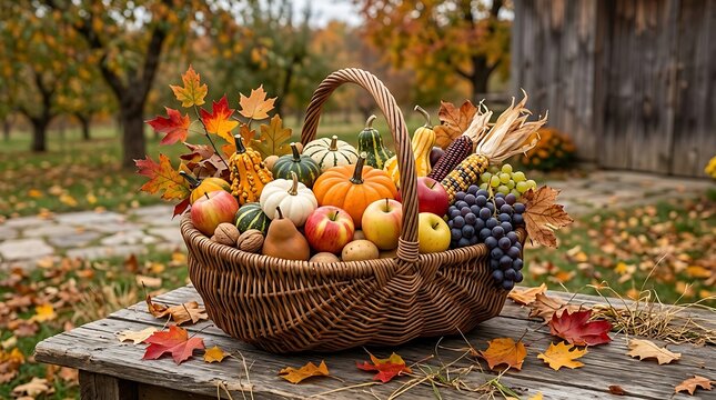 Rustic wicker basket with autumn harvest on a wooden outdoor table
