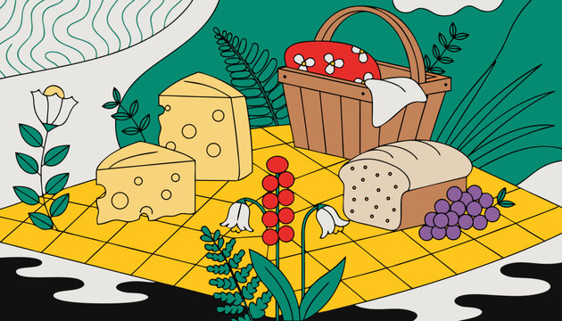 Colorful picnic illustration featuring fresh bread and swiss cheese on a vibrant yellow checkered blanket surface