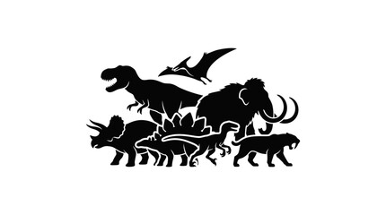 Silhouette of prehistoric animals: dinosaurs and mammoth, sabertooth © Mak