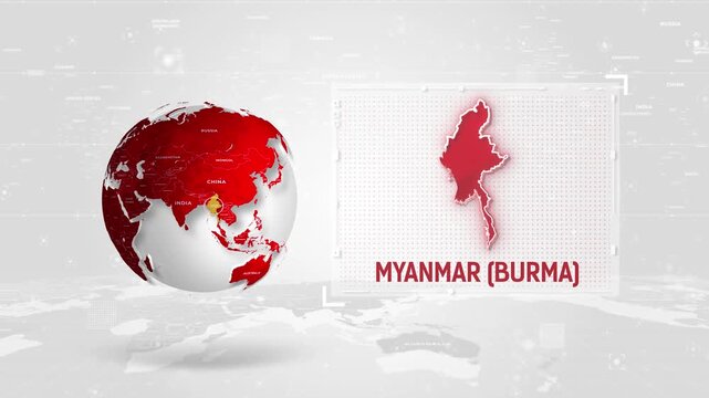 Myanmar 4K Tech Map Beside Globe On White Background.