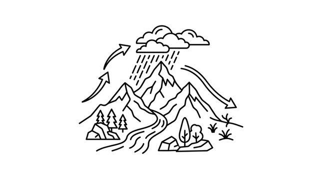 Creative Black and White Line Drawing of Water Cycle on Mountain Terrain with Rainfall and Evaporation