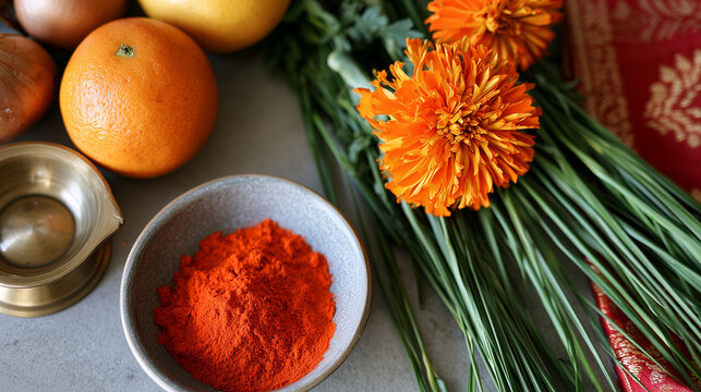 Preparation of Traditional Offerings for Dashain Festival Featuring Marigold Flowers and Vermillion Powder