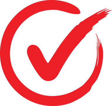 Red check mark icon in a circle. Hand drawn tick symbol for approval and success.
