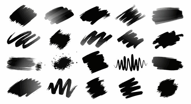 Black marker brush strokes set, 20 hand drawn ink scribble elements. Abstract charcoal texture smears and felt tip pen highlights for graphic design.