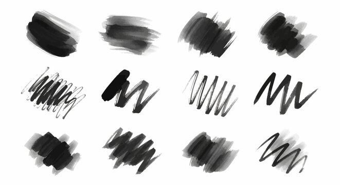 Black marker brush strokes set, hand drawn ink scribble collection, 12 artistic felt tip pen textures, expressive charcoal smudge vector elements
