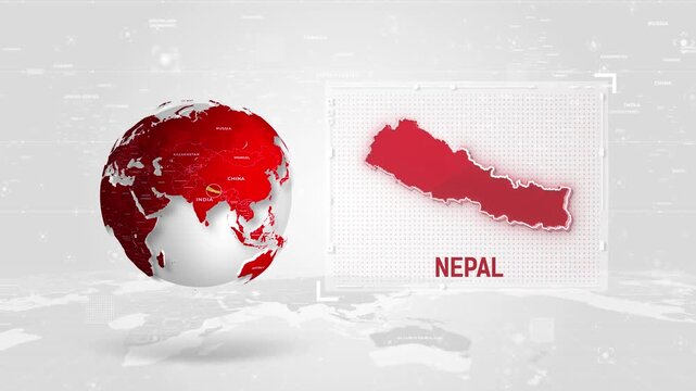 Nepal 4K Tech Map Beside Globe On White Background.