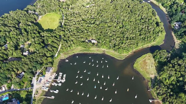 Healthy forest and marsh surrounds the scenic Arey's Pond in Orleans, Cape Cod, MA. This area of New England is a perfect area for sailboats during the warm summer months.