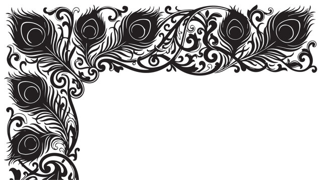 Vintage Peacock Feather Ornate Corner Frame Border Vector Illustration