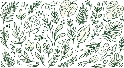 Fototapeta premium Hand Drawn Green Line Art Botanical Seamless Pattern Vector Illustration