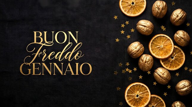 Italian New Year's Eve celebration with golden walnuts and citrus. Festive holiday dessert table featuring candied fruit and prosperity symbols.