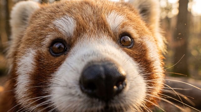 Extreme close up portrait of red panda face in a forest