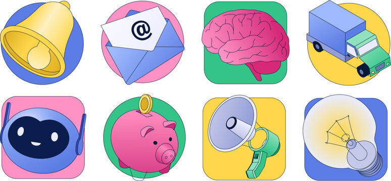Business icons including piggy bank, loudspeaker, AI bot, bell, email, idea bulb, brain, delivery truck. Vector icon set. 