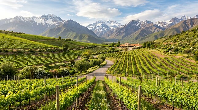 Lush green vineyard rows with snow capped mountains in background