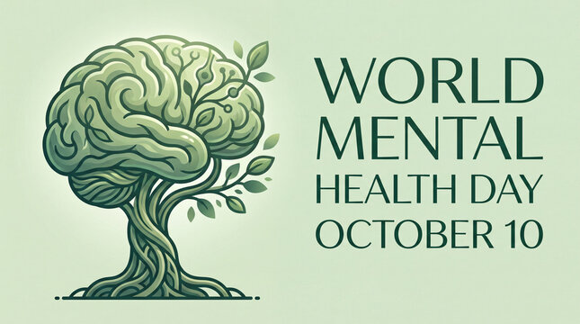 A conceptual illustration of a brain shaped like a tree with roots and leaves, symbolizing mental health, growth, and awareness for World Mental Health Day.