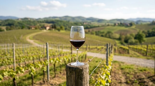 Red wine glass standing on a wooden post in a sunny vineyard
