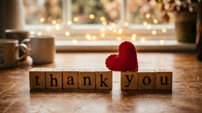 Handwritten thank you message on wooden blocks. Gratitude note with heart decoration for appreciation and recognition.