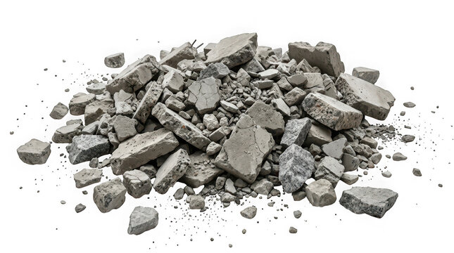 Pile of concrete rubble and debris isolated on transparent background