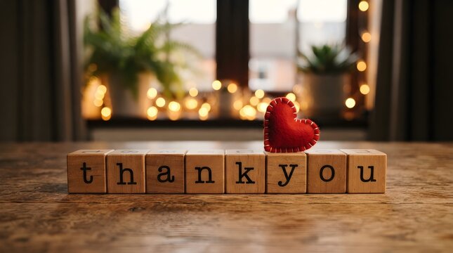 Handwritten thank you message on wooden blocks. Gratitude note with heart decoration for appreciation and recognition.