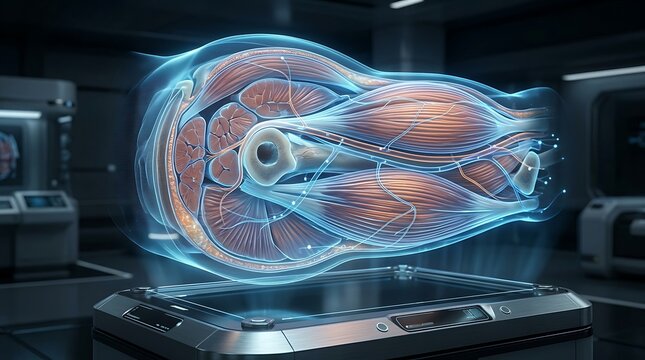 Futuristic holographic projection of human muscle anatomy in lab